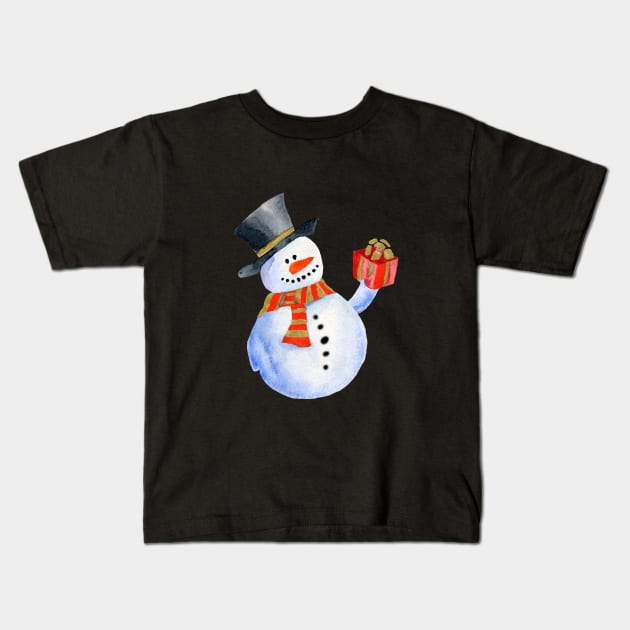 Snowman with a gift Kids T-Shirt by Irina_Reznikova